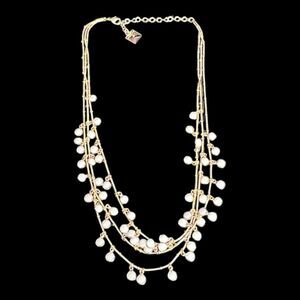 Anne Klein Vintage Triple Row Strand Bezel Gold Tone Chain White Beaded Necklace